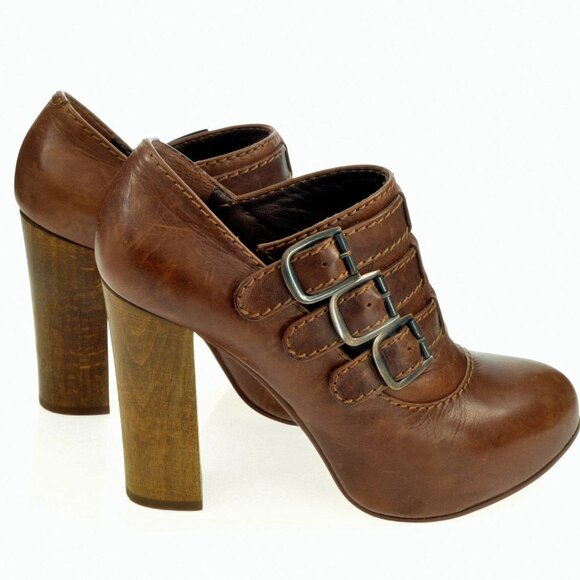 Chloe Brown Leather Buckled Concealed Platform Ancle Booties Size 36.5 - Picture 4 of 7